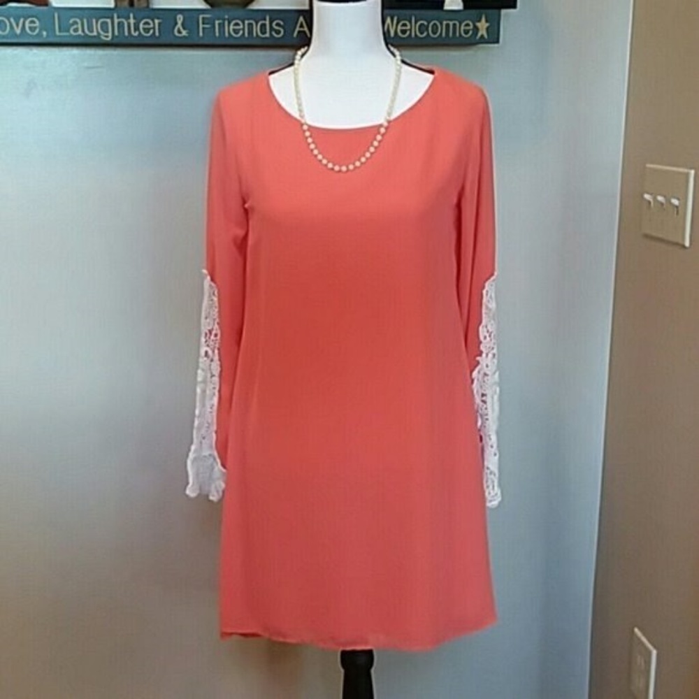 Jodi Kristopher Coral Lace Sleeve Shift Dress